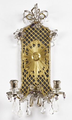 Antiquités - Paire d'appliques en bronze doré et cristal de roche, Allemagne 18e siècle