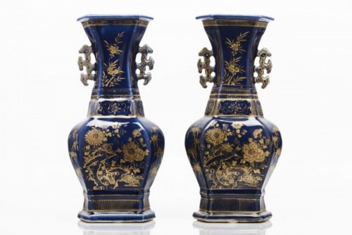  - A pair of 18th century Chinese powder blue baluster vases