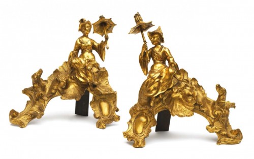 A pair of French Louis XV period chenets with Chinese figures - 