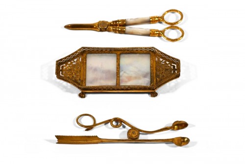 A French Charles X mother of pearl tray with candle snuffer and tongs
