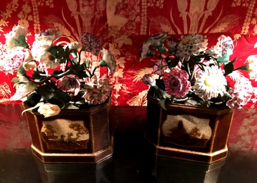Antiquités - Paire de jardinières en tole peinte Louis XV