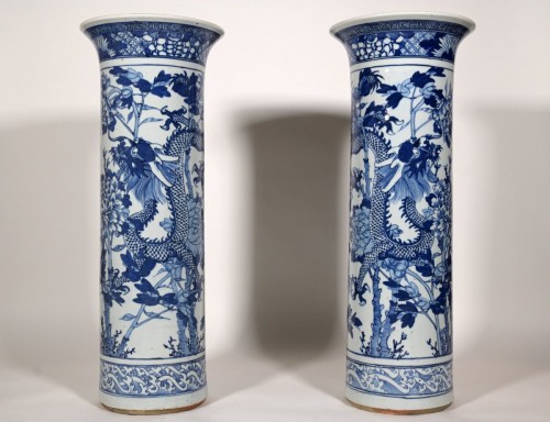 Antiquités - Paire de très grands vases cornet Chine fin du 19e siècle