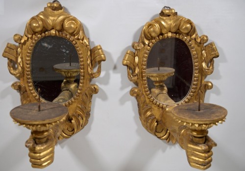 Objet de décoration  - Paire de bras d'applique sur miroirs en bois doré Italie 18e siècle