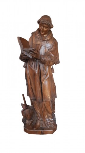 Grande statue de Saint Vulfran en chêne naturel, fin XVIIe début XVIIIe siècle