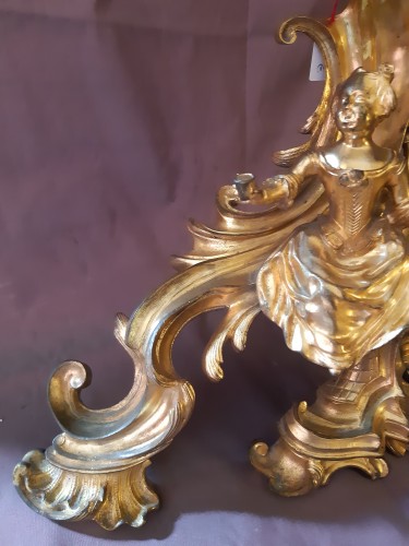XVIIIe siècle - Chenets en bronze doré d'époque Louis XV