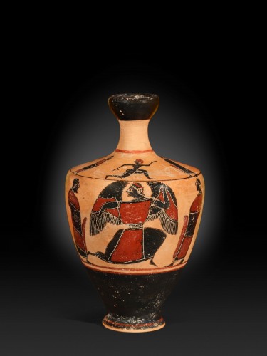 Lécythe à fig. noires attribué au peintre de la Sandale, Art grec Attique, 550 av J.C - 
