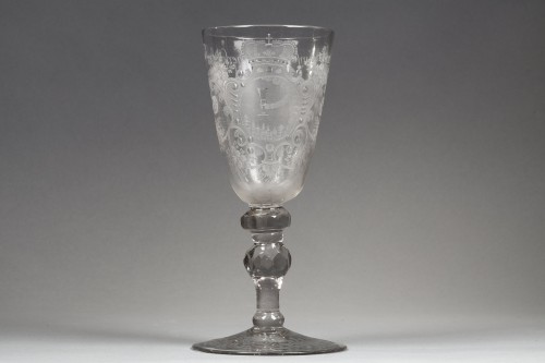 Verrerie, Cristallerie  - Grand verre gravé à devise, Saxe première moitié XVIIIe siècle