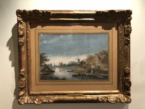 Tableaux et dessins  - Theodor Verryck (1734-1786) - Paysage bord de canal hollandais