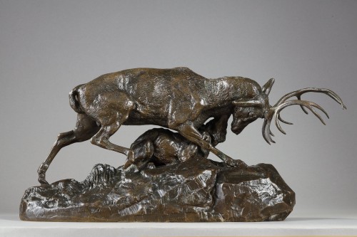 Wolf seizing a stag by the throat - Antoine-Louis BARYE (1796-1875) - Sculpture Style Napoléon III