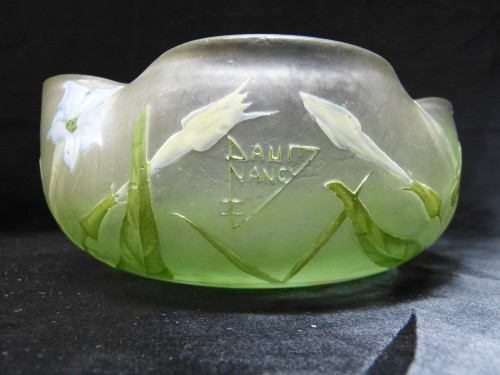Antiquités - Daum Nancy - Coupe aux liserons en verre gravé et émaillé