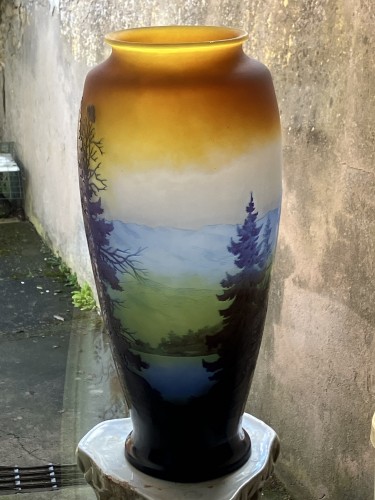 Gallé - Grand vase paysage vosgien ligne bleue des Vosges - Verrerie, Cristallerie Style Art nouveau