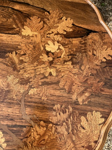 20th century - Gallé - Art Nouveau Coffee Table La pie dans le chêne École de Nancy Pedestal table
