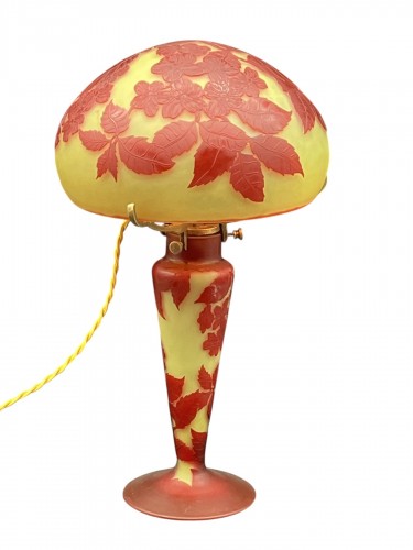 Émile Gallé - Lampe champignon art nouveau décor roses trémières Rouge et Jaune