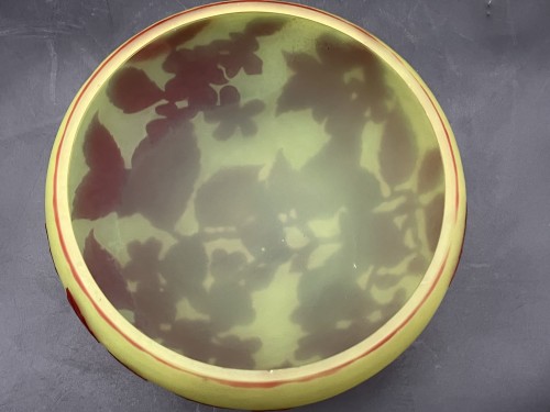 Émile Gallé - Lampe champignon art nouveau décor roses trémières Rouge et Jaune - Art nouveau