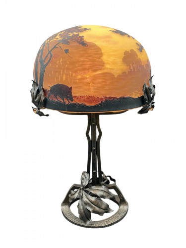 Lampe Müller Frères Luneville - lampe art nouveau verre gravé décor de sous bois
