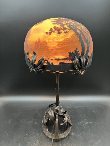 Lampe Müller Frères Luneville - lampe art nouveau verre gravé décor de sous bois - Luminaires Style Art nouveau