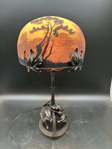 Luminaires Lampe - Lampe Müller Frères Luneville - lampe art nouveau verre gravé décor de sous bois