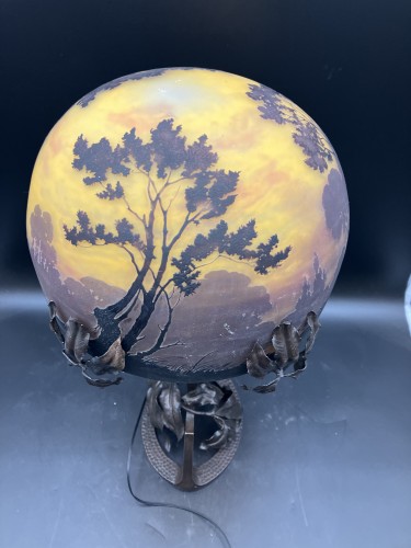 XXe siècle - Lampe Müller Frères Luneville - lampe art nouveau verre gravé décor de sous bois