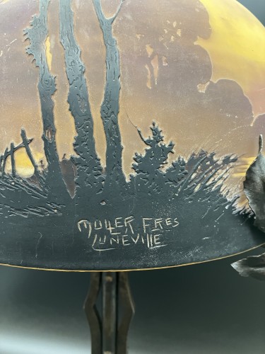 Lampe Müller Frères Luneville - lampe art nouveau verre gravé décor de sous bois - Art nouveau