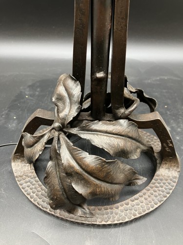 Antiquités - Lampe Müller Frères Luneville - lampe art nouveau verre gravé décor de sous bois