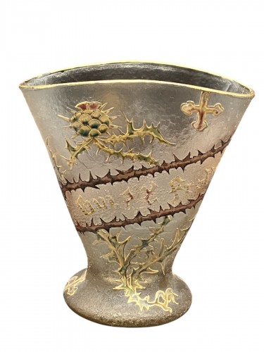 Daum Nancy Vase art Nouveau à devise "qui s'y frotte s'y pique" croix de Lorraine et