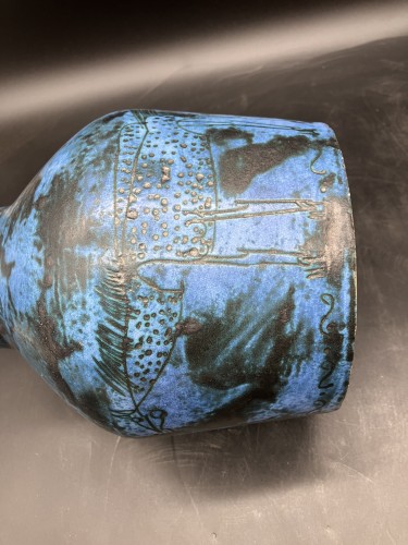 Jacques Blin (1920-1995) - Grand vase bleu animaux de la savane décor incisé - Art Déco