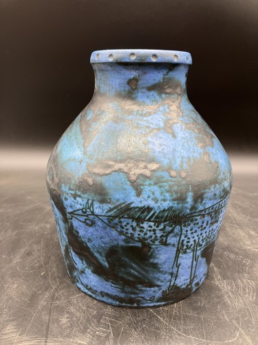 Antiquités - Jacques Blin (1920-1995) - Grand vase bleu animaux de la savane décor incisé