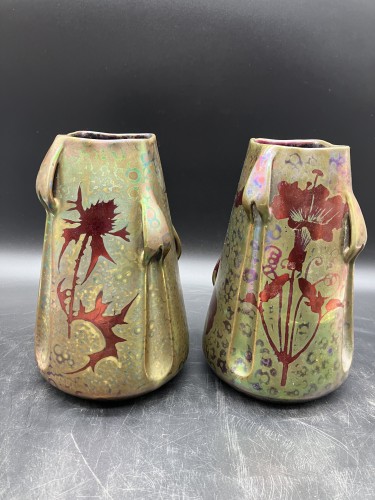 Montières - Paire de vases art nouveau en faïence lustrée - Céramiques, Porcelaines Style Art nouveau