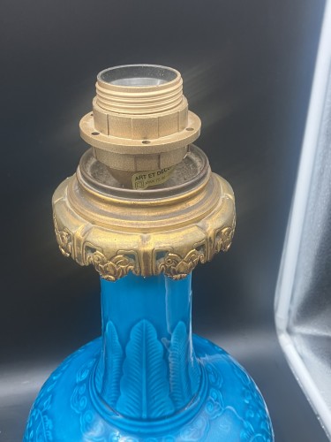 Antiquités - Théodore DECK-  Paire de lampes bleues montées bronze doré