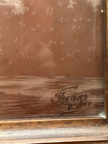 Jacques Gruber - Plateau en verre gravé paysage lacustre Art nouveau - Verrerie, Cristallerie Style Art nouveau
