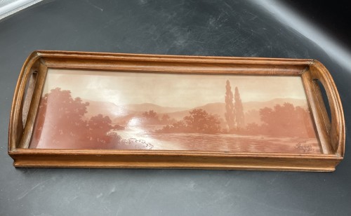 XXe siècle - Jacques Gruber - Plateau en verre gravé paysage lacustre Art nouveau