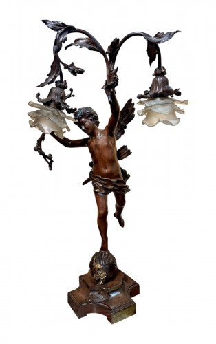 Ernest Rancoulet (1870-1915), lampe en bronze "retour du printemps"