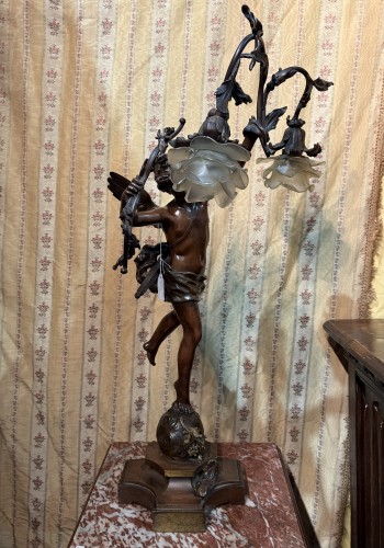 Art nouveau - Ernest Rancoulet (1870-1915), lampe en bronze "retour du printemps"