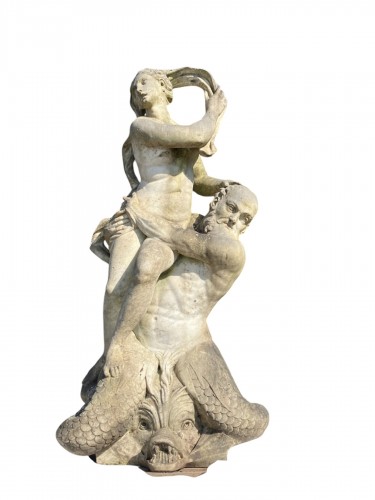 Amphitrite et Poseidon, importante statue de parc en marbre 