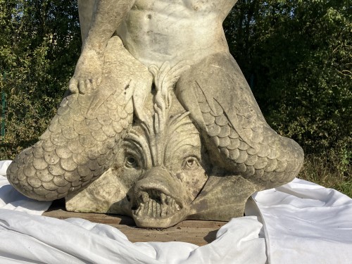 Louis XV - Amphitrite et Poseidon, importante statue de parc en marbre 