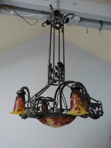 Lustre décor de roses, vasque et quatre tulipes Gallé - Luminaires Style Art nouveau