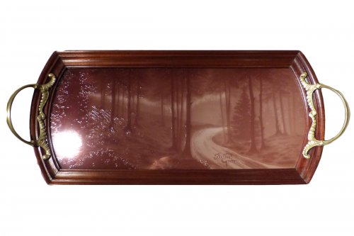Jacques Grüber, petit plateau de verre gravé décor de forêt vosgienne