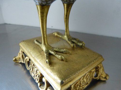 Antiquités - Paire de brûle parfum, Chine fin XVIIIe cailles en cuivre doré et émaux cloisonnés - Dynastie Qing, période Jiaqing