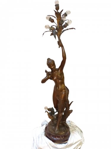 Large bronze lighting "Nymph with thistles" - François Laurent Rolard (1842-1912)