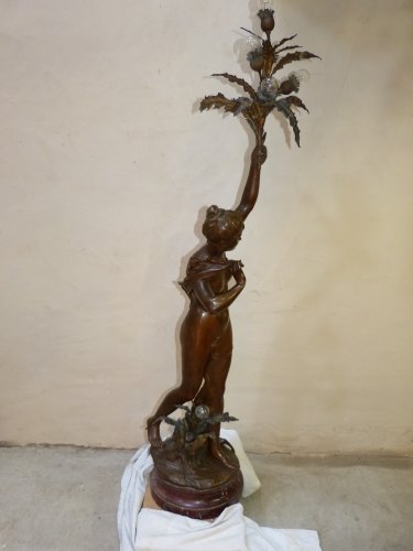 Antiquités - Grand bronze luminaire "Nymphe aux chardons" - François Laurent Rolard (1842-1912)