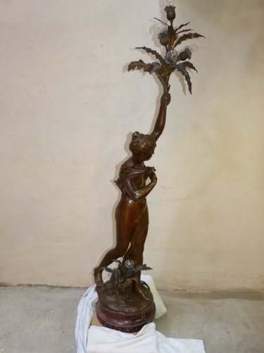 Antiquités - Large bronze lighting &quot;Nymph with thistles&quot; - François Laurent Rolard (1842-1912)