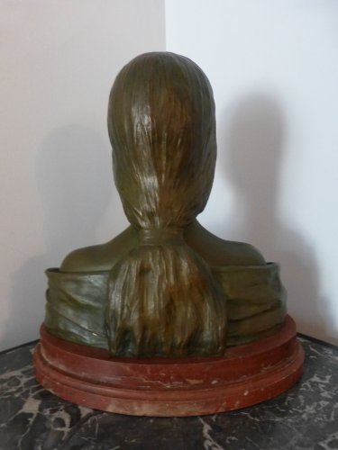 Sculpture Sculpture en Bronze - Emmanuel Villanis (1858-1914) - Jeune fille aux Lys, buste en bronze Art Nouveau