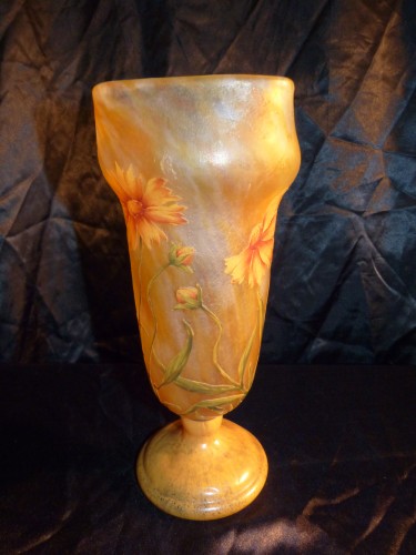 XXe siècle - Daum Nancy - Grand vase Gravé et émaillé au décor de Coréopsis