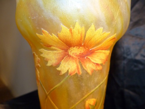 Daum Nancy - Grand vase Gravé et émaillé au décor de Coréopsis - Art nouveau