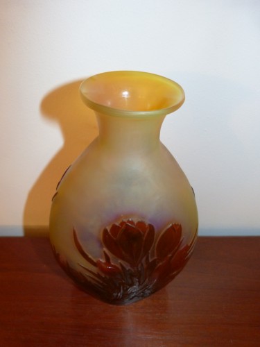 Verrerie, Cristallerie  - Emile Gallé, Beau Vase Soufflé décor Crocus art nouveau