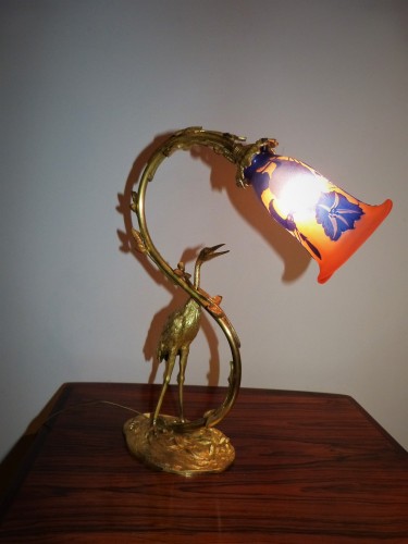 Lampe Gallé au Volubilis, pied bronze doré à l'Ibis - Luminaires Style Art nouveau