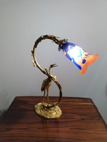 Luminaires Lampe - Lampe Gallé au Volubilis, pied bronze doré à l'Ibis