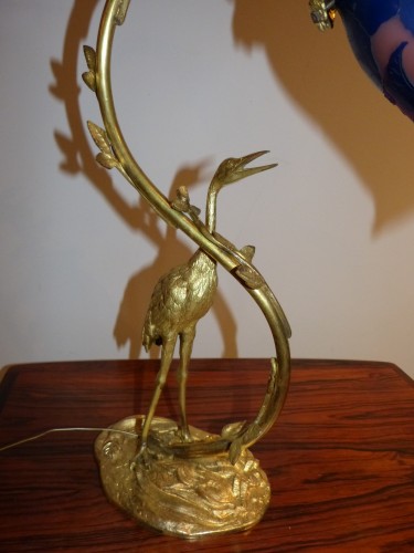 Lampe Gallé au Volubilis, pied bronze doré à l'Ibis - Galerie Vaudemont