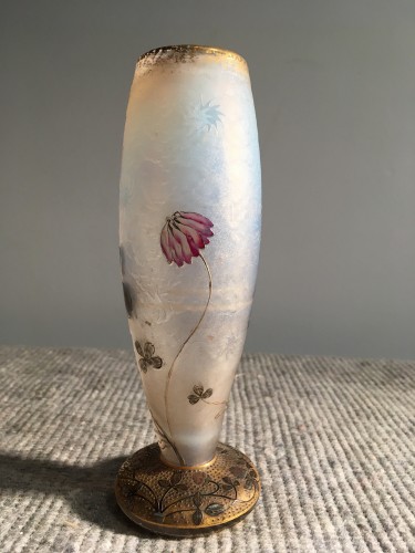 Verrerie, Cristallerie  - Daum Nancy - Vase gravé et émaillé aux Trèfle