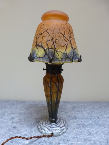 Verrerie, Cristallerie  - Daum Nancy, Lampe Champignon Paysage de neige, art nouveau